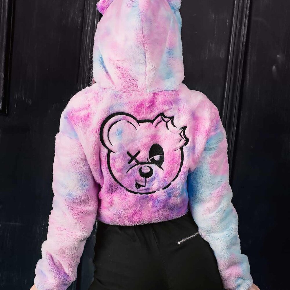 NWT RAVE Hoodie Scummy Bears Fuzzy Crop Size Medium - Picture 3 of 15